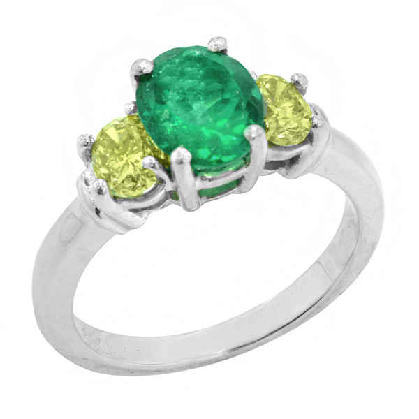 View Oval Three Stone Colombian Green Emerald and Natural Yellow Diamond Engagement Ring in Platinum
