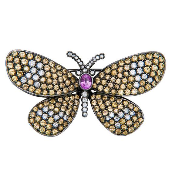 View Butterfly Design Pin With Yellow and Pink Sapphires and Diamonds