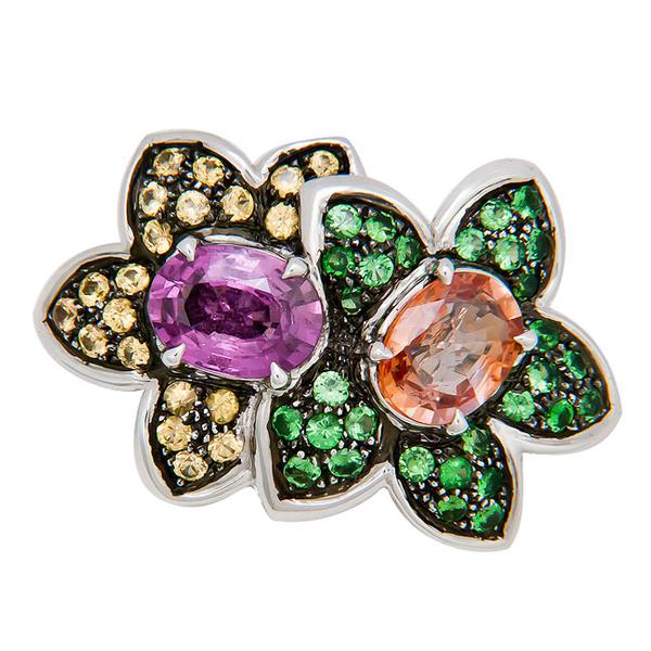 View Flower Pin Set With Assorted Natural Sapphires Dipped in Black Rodium
