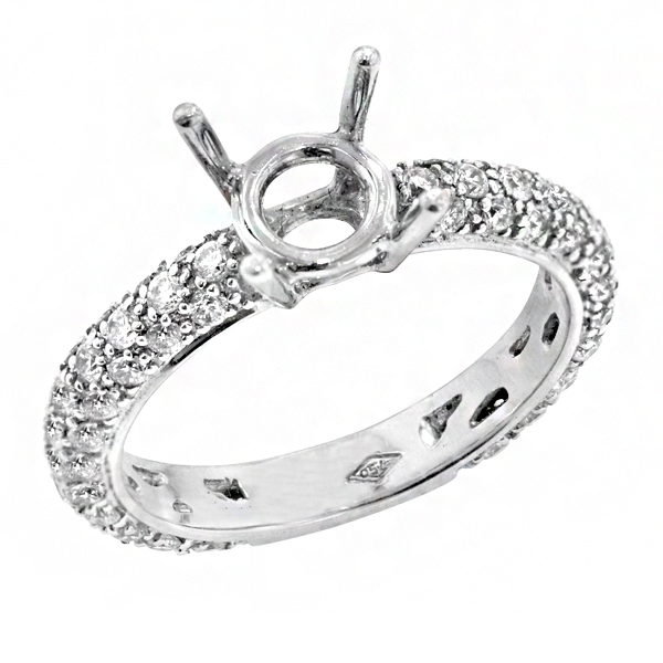 Traditional Three Row Pave Diamond Engagement Ring in 18K White Gold