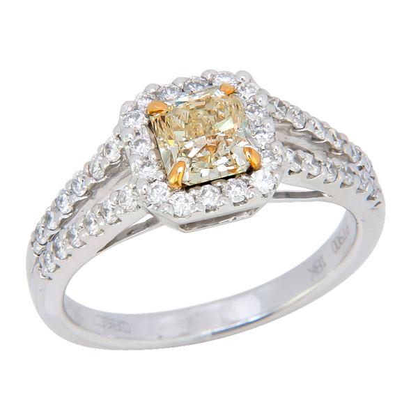 View Split Shank Halo Style Radiant Shape Natural Fancy Yellow and White Diamond Ring Set in 18k White Gold
