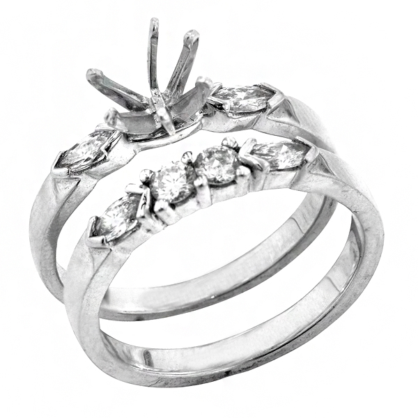 View Traditional Marquise and Round Bridal Set Engagement Ring in 18k White Gold