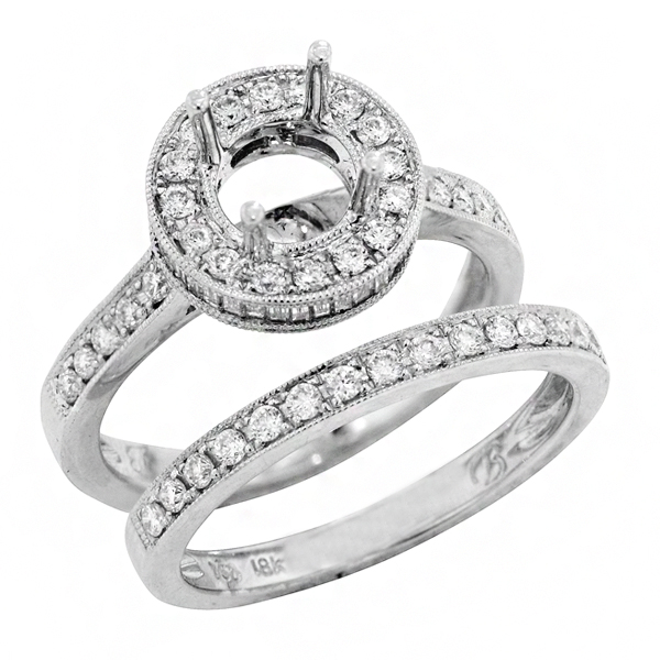 View Halo Micropave Round and Baguette Diamond Bridal Set in 18k White Gold
