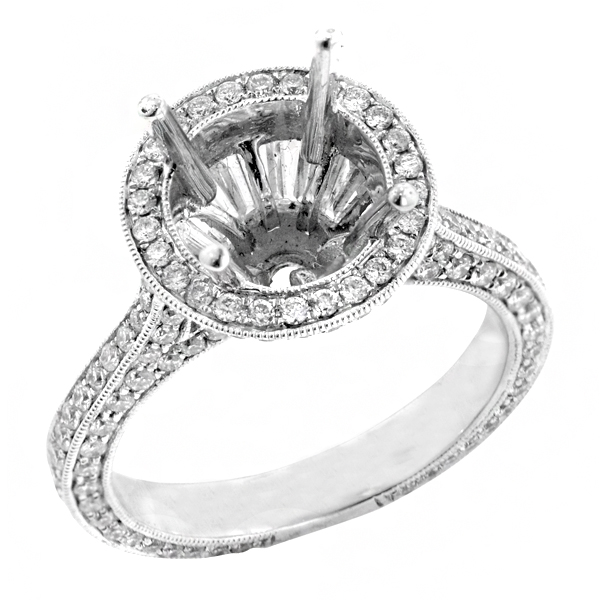 View Halo Micropave Round and Baguette Engagement Ring in 18k White Gold