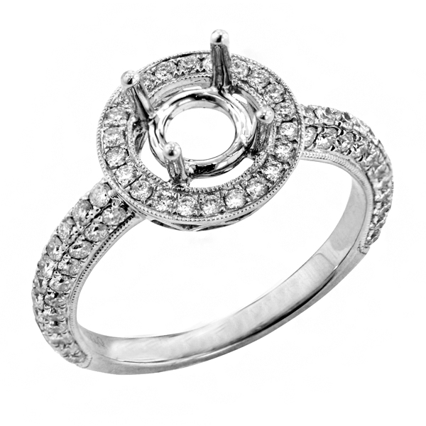 View Halo Micropave Diamond Engagement Ring With 3 Row Diamond Pave Accent Shank in 18k White Gold