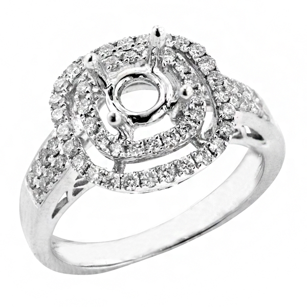 View Cushion Cut Double Halo Diamond Engagement Ring With 2 Row Diamond Pave Accent Shank in 18k White Gold