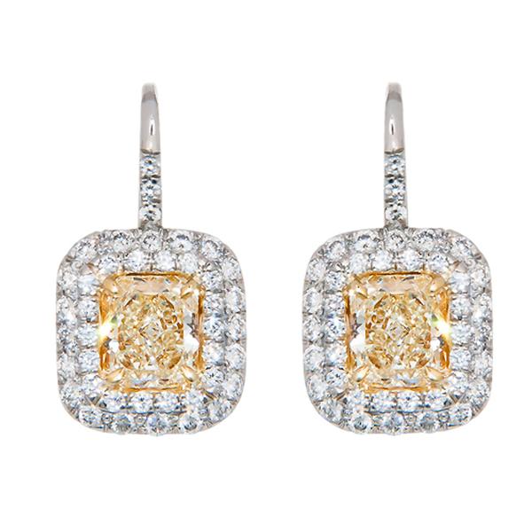Double Halo Euro Back Natural Fancy Yellow Dianond Earrings Set in Platinum and 18K
