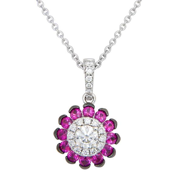 View Ruby and Diamond Pendant  with a Sunburst Design set in 18k White Gold