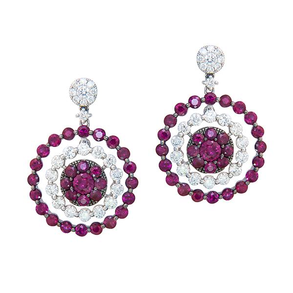 View Ruby and Diamond Dangling Earrings Set in 18k White Gold