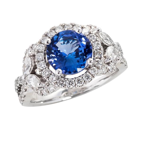 View Tanzanite and Diamond Ring in a Halo Design Set in 18K White Gold