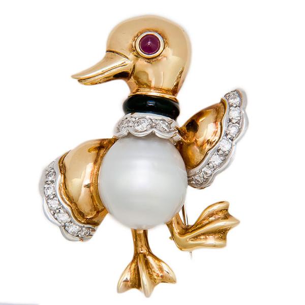 View Duck Design Pin With a 13mm Natural South Sea Pearl and Ruby